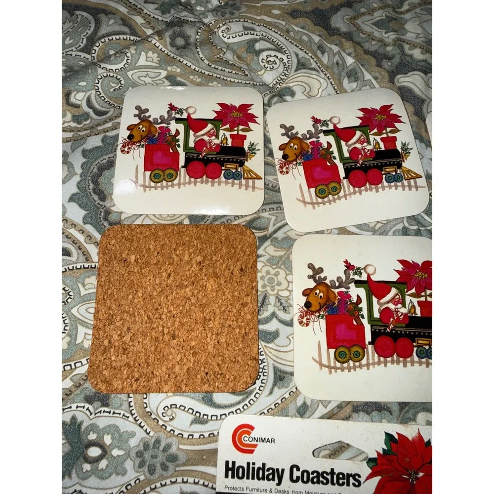 Vintage Conimar Holiday Coasters Set of 6 Christmas Santa Train Cork Back 3.75in